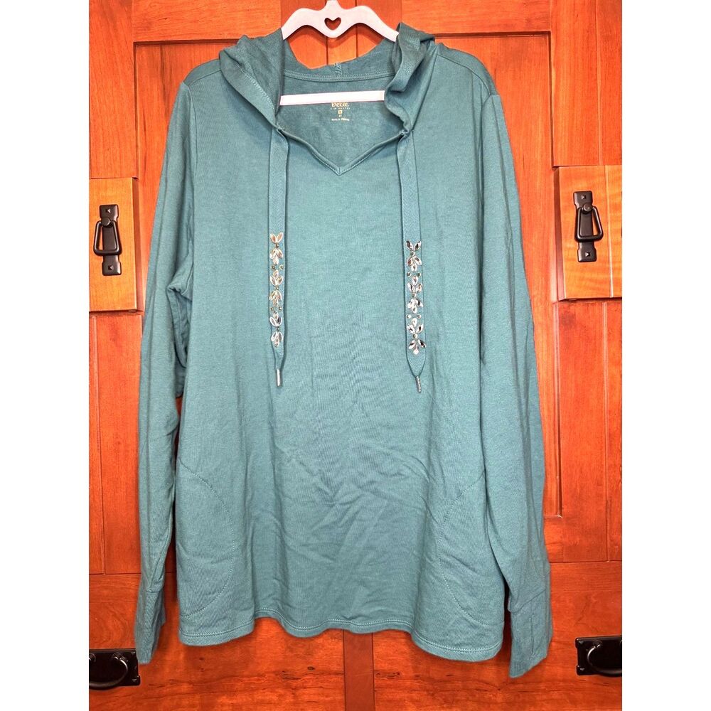 Belle Teal Green Hoodie Rhinestone Drawstring Hooded Pullover Women's Size 2X